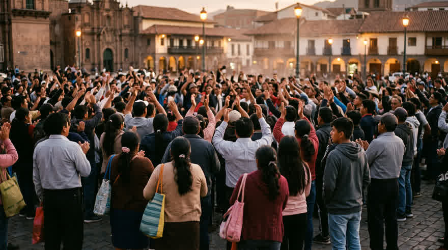 Una plaza llena de gente común vista desde atrás, al atardecer