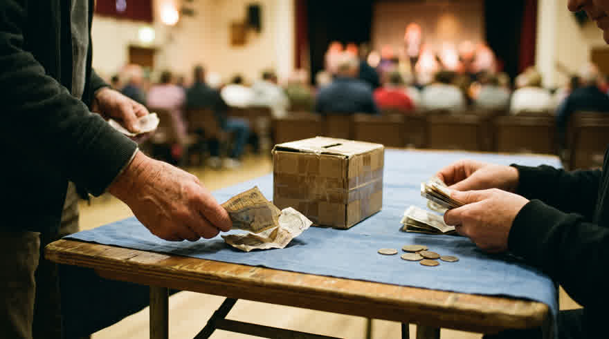 Manos contando billetes gastados sobre una mesa, con un salón desenfocado al fondo