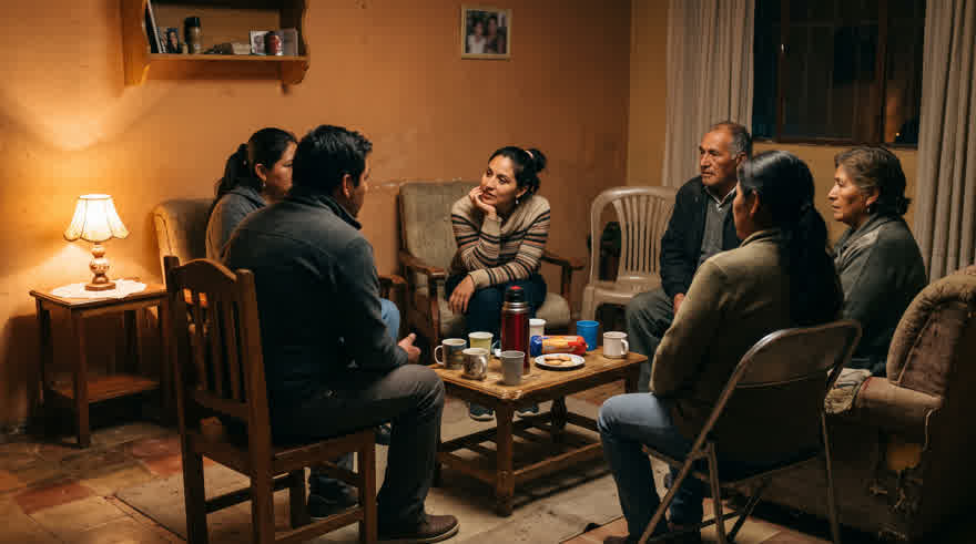 Un grupo pequeño de personas conversando en círculo en una sala