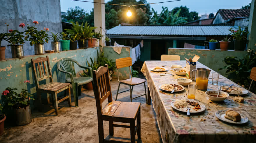 Una mesa larga servida en un patio, con varias sillas vacías