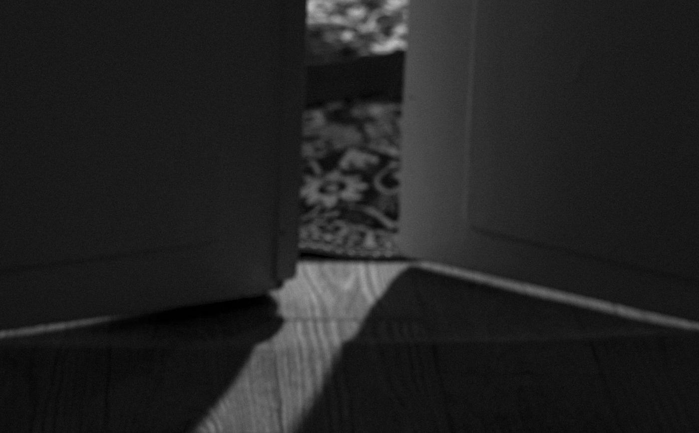 Una puerta entreabierta en una habitación oscura y una franja de luz sobre el piso de madera