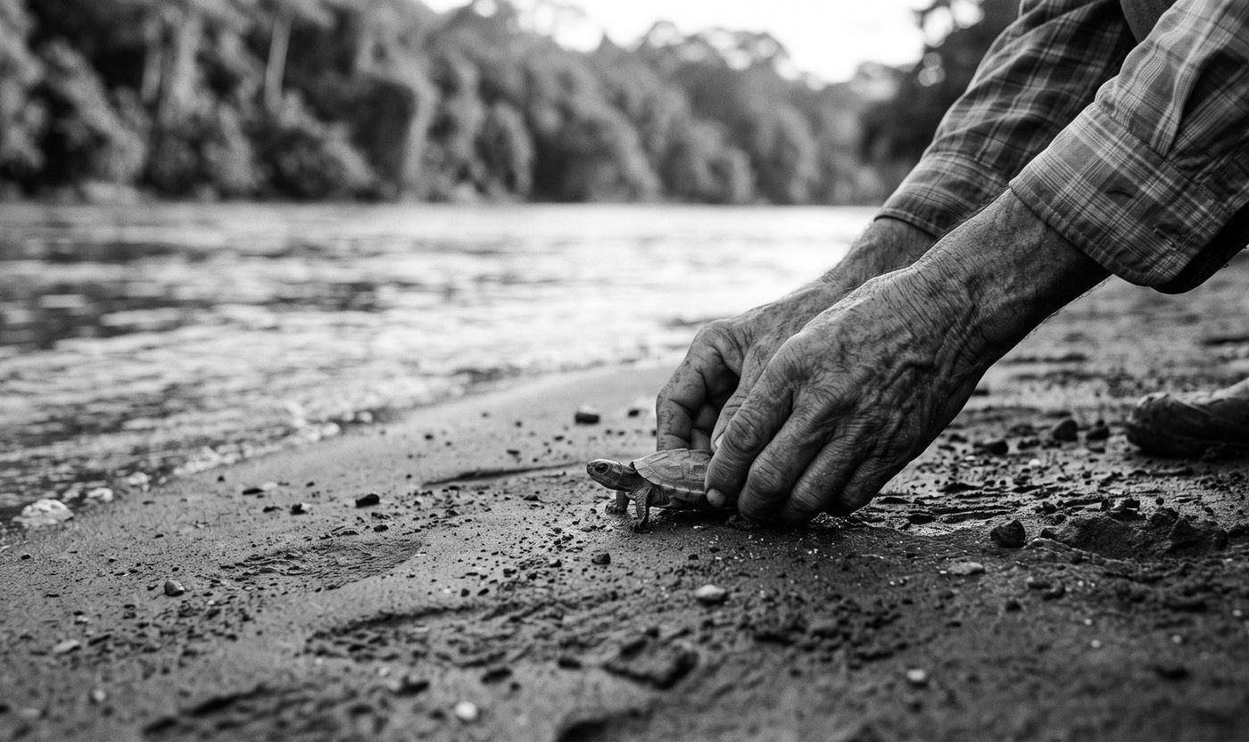 Unas manos curtidas soltando una tortuguita en la arena mojada de la orilla de un río