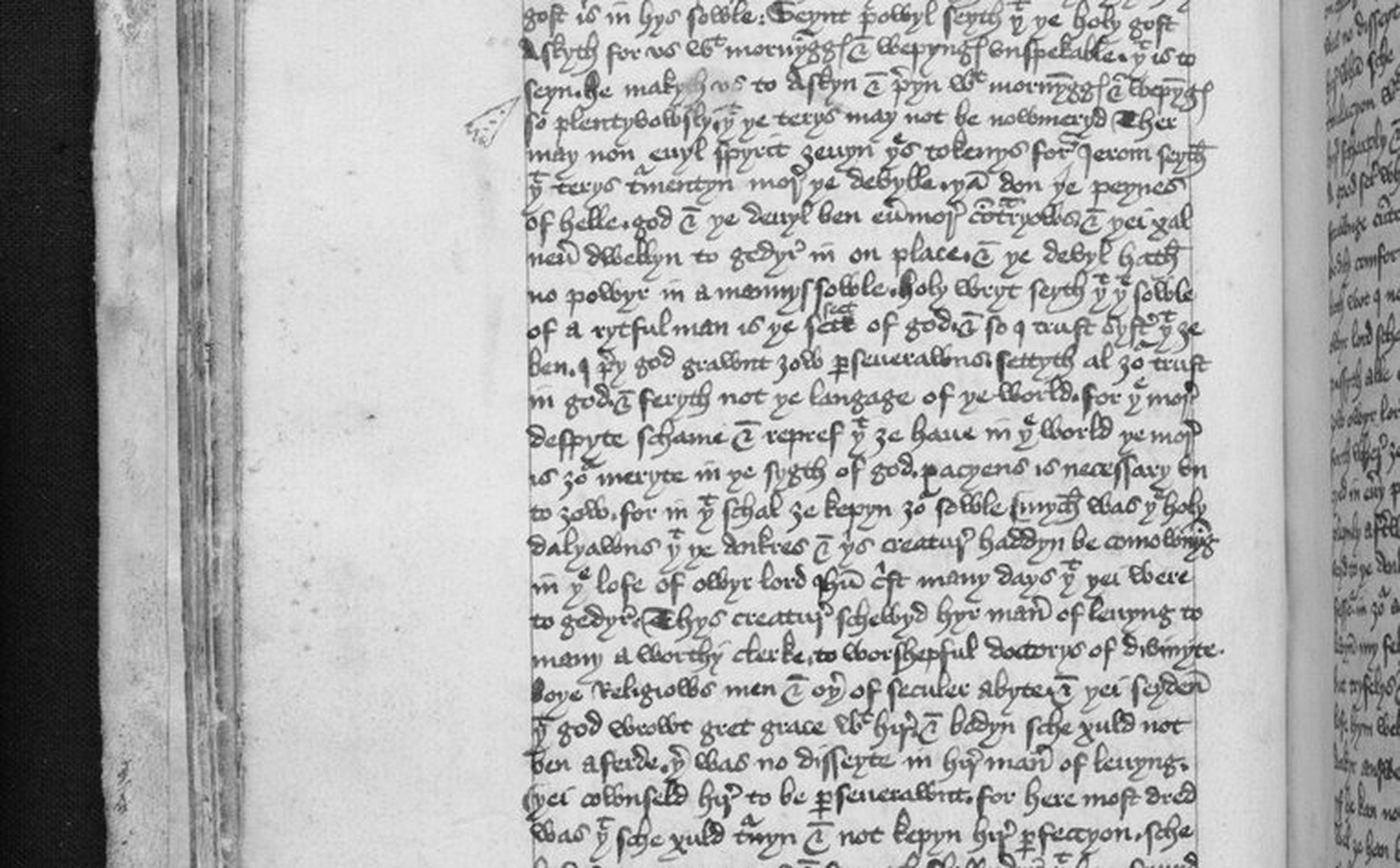 Una página manuscrita del único ejemplar que se conserva del libro de Margery Kempe