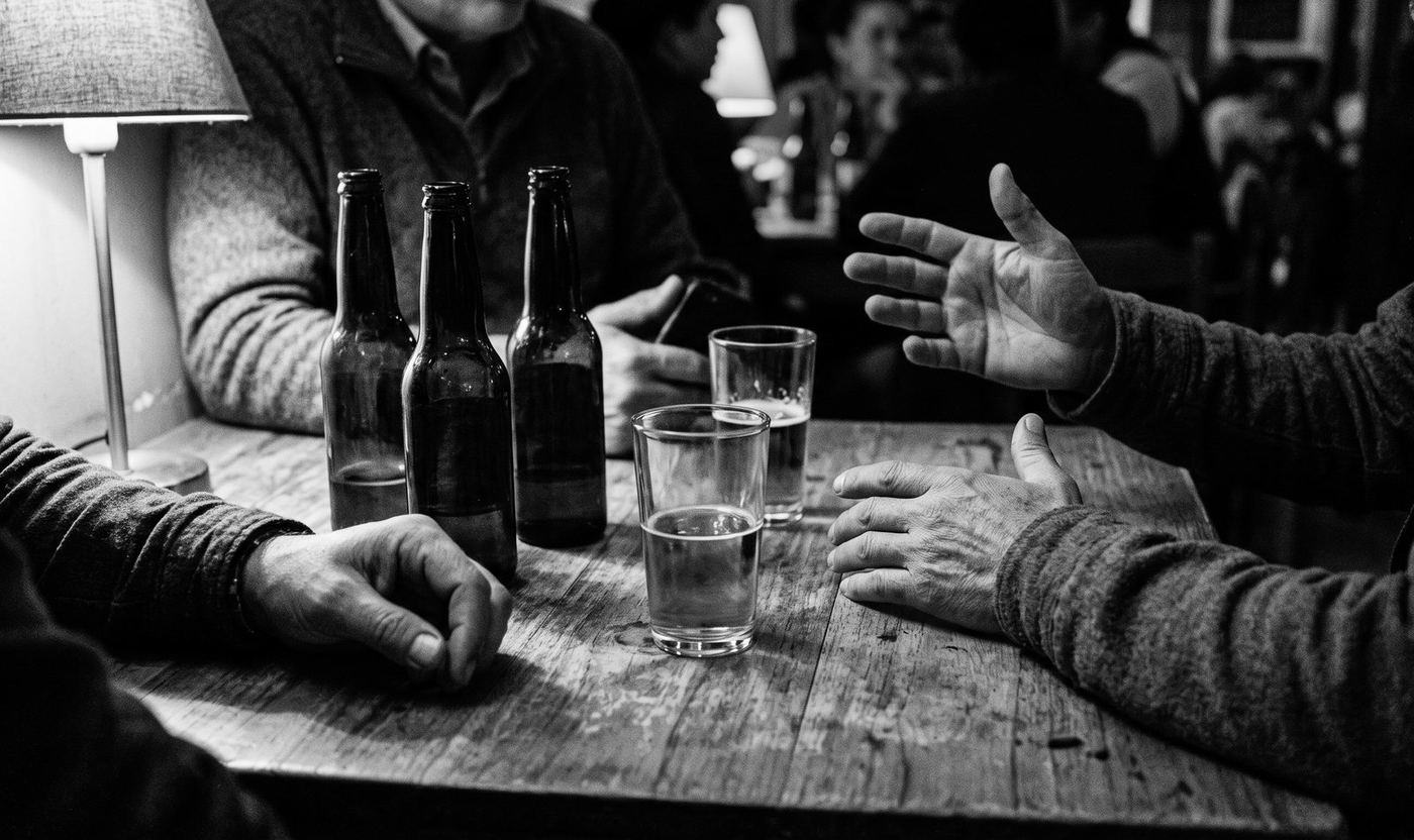 Una mesa de madera en un bar de barrio, con botellas de cerveza y las manos de unos amigos conversando