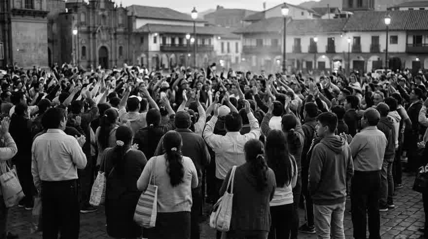 Una plaza llena de gente común vista desde atrás, al atardecer