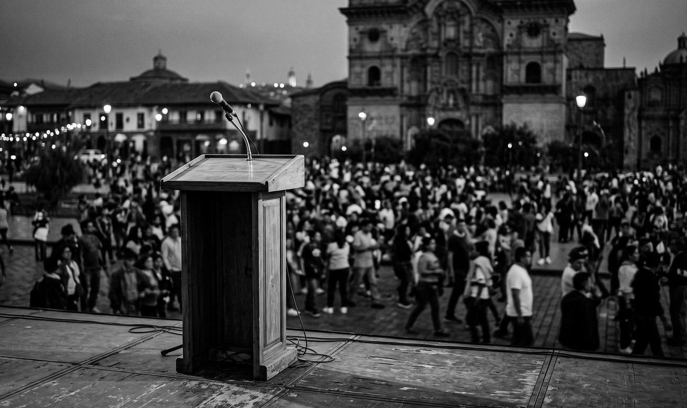 Un atril de madera con un micrófono, vacío, frente a una plaza llena de gente al anochecer