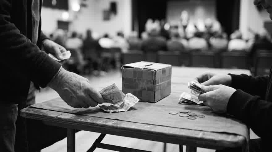Manos contando billetes gastados sobre una mesa, con un salón desenfocado al fondo