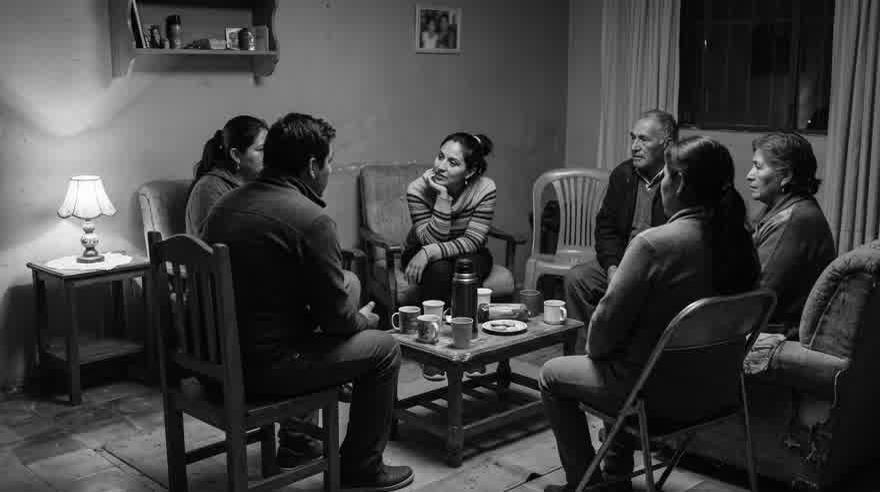 Un grupo pequeño de personas conversando en círculo en una sala