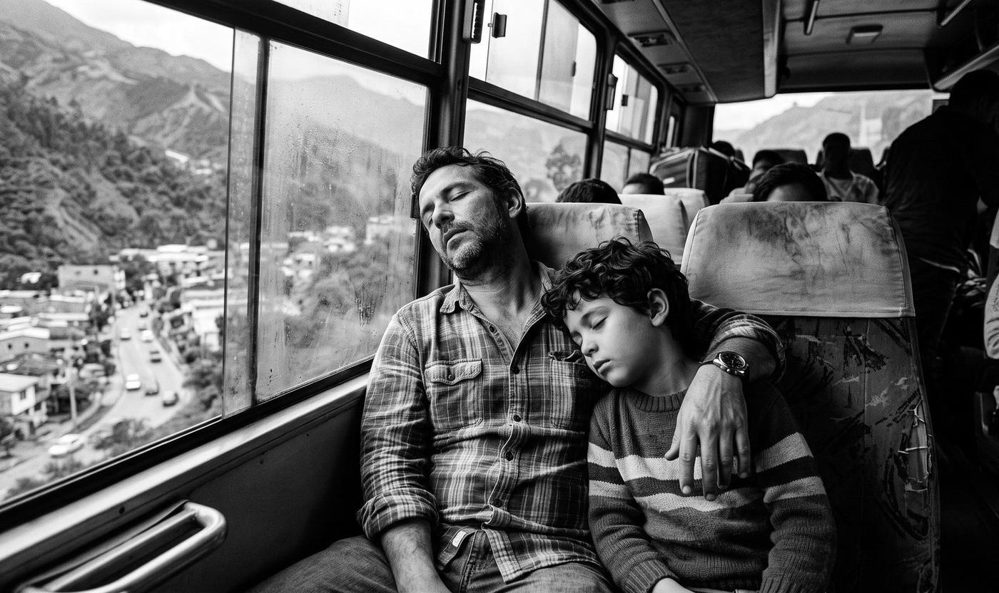 Un hombre dormido en un bus, con su hijo recostado en el hombro; por la ventana, la ciudad borrosa