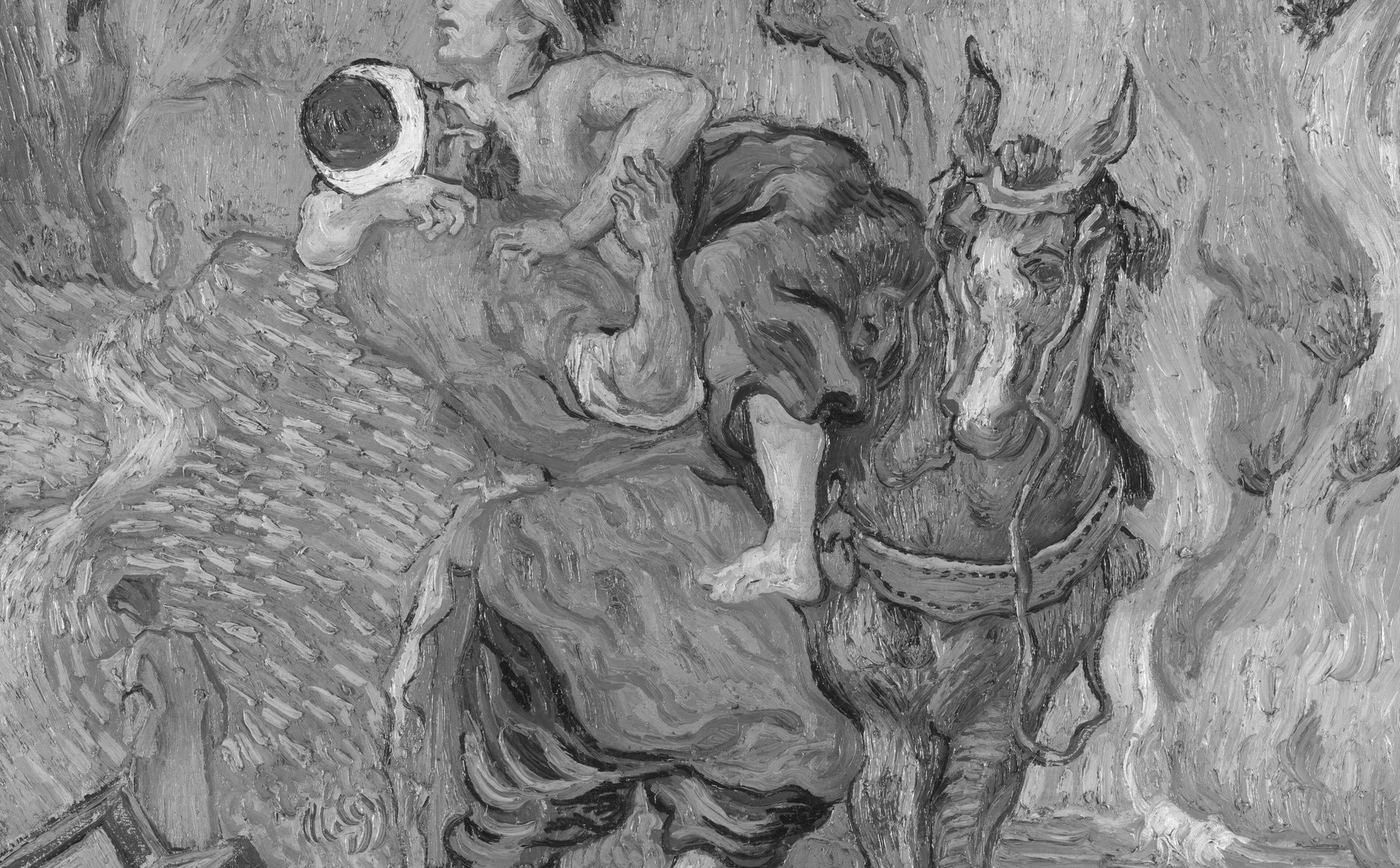 El buen samaritano de Van Gogh subiendo al herido a su caballo, en azules y amarillos