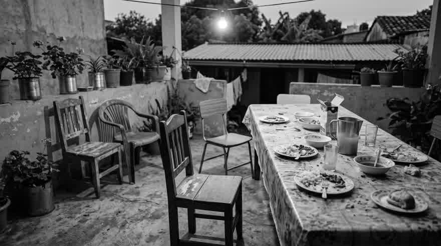Una mesa larga servida en un patio, con varias sillas vacías